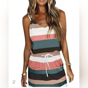 NWOT Striped Drawstring Lace Up Dress Pocket V-neck Sleeveless Dress.
